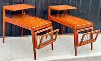 Pair of teak side tables, full front view