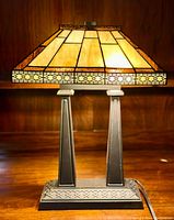 Front view of lamp illuminated, showing overall shape and shade pattern