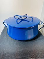 Front and side profile of cobalt blue pot with lid in place