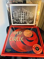 Colorful vintage Red Circle fruit crate label featuring large red circles representing fruit, text includes 'Red Circle' and 'McDermont Fruit Company, Riverside, California'.