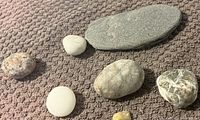 Seven assorted natural stones of various sizes and shapes placed on a textured brown surface.