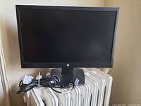 Front view of the HP monitor showing the whole screen, stand, and attached cables coiled in front (power and video).