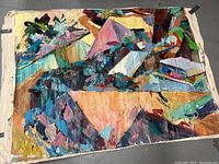 Full view of the large abstract oil painting on canvas with geometric shapes and floral elements in pastel colors.