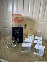 Photo showing vintage Airpot coffee pot box, 4 Irish coffee glasses, and 6 boxed glass mugs