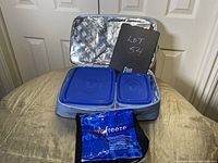 Picnic bag open with two blue storage containers inside on a table with Cryofreeze hot/cold pack placed in front.