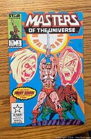 Front cover showing He-Man holding sword raised, with Skeletor and Beast Man faces in the background. The comic is identified as 'Masters of the Universe #1' published by Star Comics in May, price 75 cents.