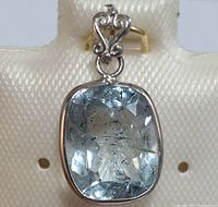 Close-up of the light blue aquamarine gemstone pendant set in 14K gold with a decorative bail, displayed on a white textured background.