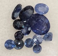 Multiple blue sapphires arranged on a light background showing various shapes and sizes with visible inclusions.