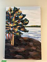 Full front view of the painting showing pine tree landscape by water with signature at lower right