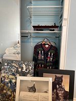 View of closet with two plaques showing multiple cats, one framed photo print, handmade colorful cat sweater on hanger, and a wooden tray with cat figurines on shelf.