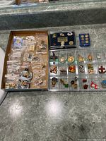 Overview of two trays displaying loose enamel pins in plastic bags alongside two collector pin sets on a countertop