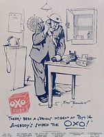Original vintage magazine ad clipping showing a black and white cartoon of a postman with a telephone, advertising OXO Cube with text and the OXO logo.