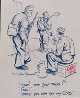 Close-up photo of the black and white vintage illustrated OXO advertisement showing three soldiers around a campfire with a box of OXO cubes
