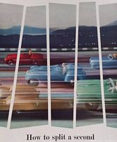 Closer segmented view of the vintage advertisement showing racing cars in motion sliced vertically to illustrate precision timing.