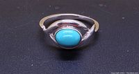 Top view of vintage silver ring with blue oval stone showing the bezel setting and ring design.