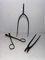 Front view of the three tools arranged on white background: pitchfork tine fork, primitive tongs, vintage pliers.