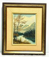 Frontal image of the framed oil painting on board depicting a mountain river scene with autumn trees and distant mountains.