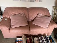 Front view of pink leather sofa with two pink pillows on the seat, books visible in front.