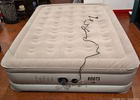 Roots inflatable queen mattress from side showing built-in electric pump and brand name Roots