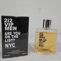 Photo of 2i2 VIP Men Eau de Parfum 100ml bottle beside its black box packaging.