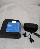 Photo showing SoundPEATS Q30 HD earphones, blue and black retail box, and black hard zippered carry case.