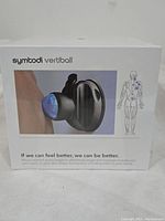 Front view of product box showing black Vertiball massager with blue vibration head and body pain target illustration.