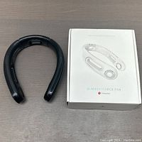 Black portable bladeless neck fan displayed alongside its white retail box showing an image of the fan and brand name Holstein.