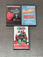 Front view of three cassette tapes including C.S. Lewis The Screwtape Letters read by John Cleese, The Most Popular Moody Blues, and Gospel Music Today.