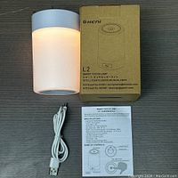 Lamp illuminated, shown with USB cable and original box with user manual visible.