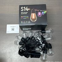 Box of S14+ Outdoor String Lights, user manual, and bundled string lights with clear bulbs and black wiring.