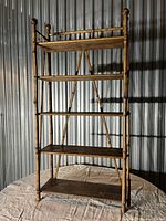 Full view of the bamboo bookshelf etagere showing five shelves and overall structure