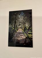 Frontal view of the photo artwork showing the sunlit garden path and glossy plexiglass surface with reflections