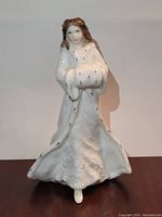 Front view of Royal Doulton Christmas figurine, white coat, holding muff.
