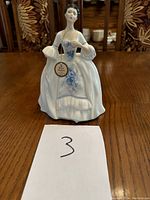 Front view of the Royal Doulton Kelly figurine showing full dress with blue floral detailing and the attached Royal Doulton tag.