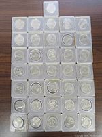 Overview of all 36 Canadian $1 coins arranged in plastic holders, showing both obverse and reverse sides.