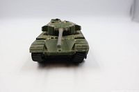 Front view of vintage Dinky Supertoys Centurion Tank showing barrel and turret details with wear on paint.