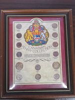 Framed Canadian penny coin collection front view showing the coins and decorative background.