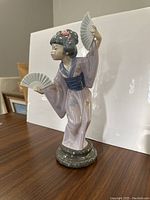 Front three-quarter view showing dancer pose, kimono and fans