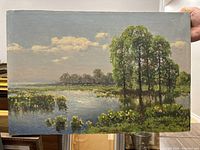 Full view of the oil painting showing a natural wetland scene with trees, water reflections, and flowers under a cloudy sky.