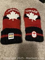 Front view of each mitten showing 'CANADA' text above a white maple leaf and two distinct Olympic-related patches on the cuffs.