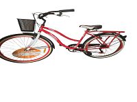 Side view photo of the Westfield Canadiana women's cruiser bike showing overall frame, front basket, and wheels