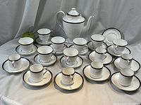 Full display of the tea and coffee set including varying sizes of cups with matching saucers and the coffee pot.