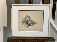 Framed artwork showing a bumblebee with hat and bottle, signed by James Affleck Sheppard.