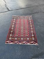 Full view of the Persian area rug laid out on pavement, showing overall design and size.