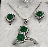 Close-up of necklace pendant, earrings and ring on white velvet