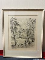 Front view of framed pencil drawing showing trees and natural landscape.