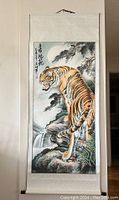 Full view of the hanging scroll showing entire composition of tiger on mountain