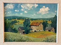 Close view of the unframed oil painting showing barns, fields and sky