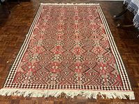 Full view of rug laid flat on hardwood floor showing overall pattern and fringe