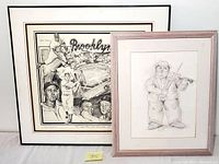 Both framed drawings shown together: a Brooklyn Dodgers themed pencil drawing and a violin player pencil drawing.
